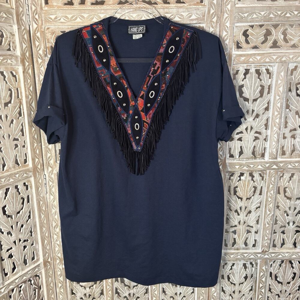 VINTAGE HANG UPS Blue V-Neck T-SHIRT WESTERN COWGIRL Fringe 90s ONE SIZE USA